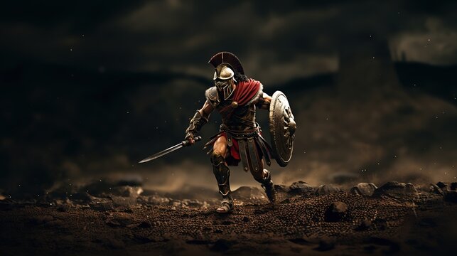 Generative AI, Realistic illustration of a fierce gladiator attacking, running. Armoured roman gladiator in combat wielding a sword charging towards his enemy.	
