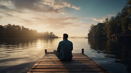 a man sitting at the end of a weathered wooden pier, his feet dangling above the tranquil lake's surface, as he gazes thoughtfully into the distance.