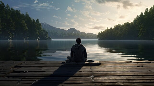 a man sitting at the end of a weathered wooden pier, his feet dangling above the tranquil lake's surface, as he gazes thoughtfully into the distance.