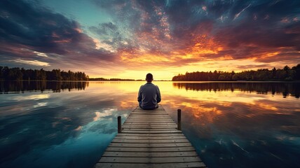a man sitting at the end of a weathered wooden pier, his feet dangling above the tranquil lake's surface, as he gazes thoughtfully into the distance.