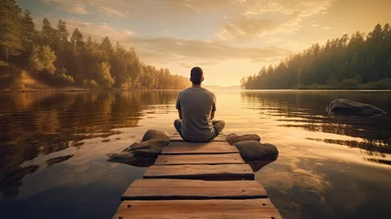 Foto op Aluminium a man sitting at the end of a weathered wooden pier, his feet dangling above the tranquil lake's surface, as he gazes thoughtfully into the distance. © lililia