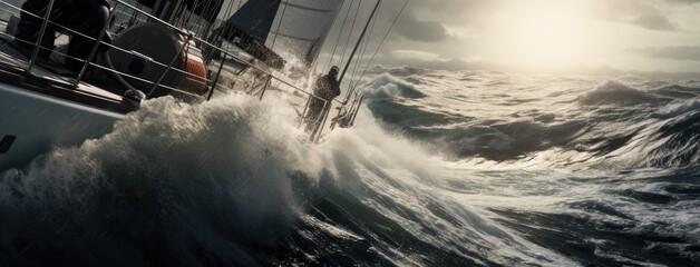 a yacht surging through the waves, wind billowing its sails, as the crew embarks on an exhilarating ocean adventure in a remote and pristine setting.