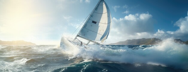 a yacht surging through the waves, wind billowing its sails, as the crew embarks on an exhilarating ocean adventure in a remote and pristine setting. - obrazy, fototapety, plakaty