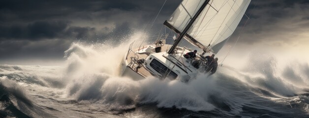 a yacht surging through the waves, wind billowing its sails, as the crew embarks on an exhilarating ocean adventure in a remote and pristine setting. - Powered by Adobe