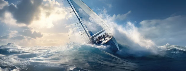 Fototapeten a yacht surging through the waves, wind billowing its sails, as the crew embarks on an exhilarating ocean adventure in a remote and pristine setting. © lililia