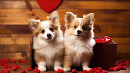 Funny portrait cute puppy dogs holding red heart . AI Generated