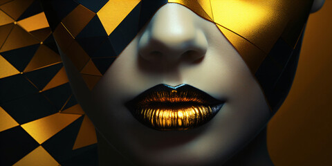 Closeup of a woman's face with golden lips and abstract golden elements