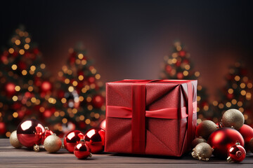Fototapeta na wymiar Ai Generative Background of christmas tree and red gift box on a christmas empty background with copy space