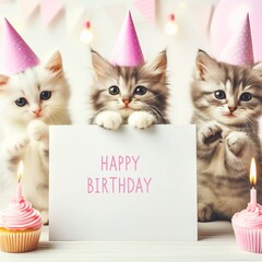 Kittens with a party hat holding a "Happy birthday" sign, fun birthday party theme
