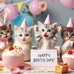 Kittens with a party hat holding a "Happy birthday" sign, fun birthday party theme