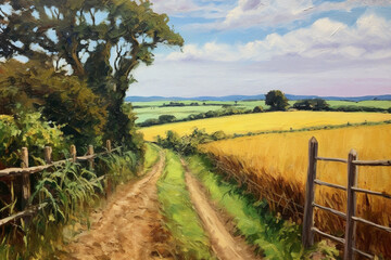 Fototapeta na wymiar A Stroll Through the Fields: Landscape Oil Painting of a Tranquil Cornfield Path