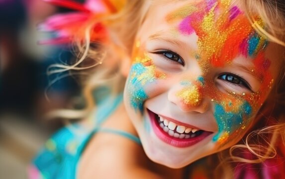 Happy and smiling child girl celebrating her birthday, vibrant colors