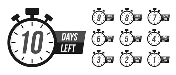 Number of days left to sign for sale or promotion. Countdown timer. Stopwatches set. Timer, clock vector illustrations set