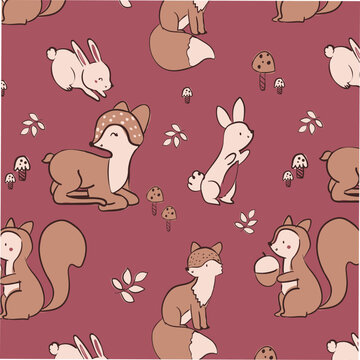 Cute and lovely adorable deer fox squirrel bunny rabbit mushrooms leafs design for kids market as vector