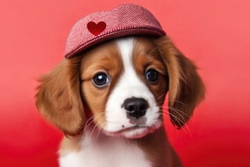 Funny portrait cute puppy dog holding red heart . AI Generated