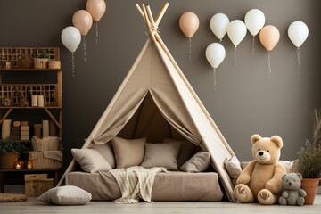 Chic mockup wall in the children's room on a cream color wall background, offering a playful and luxurious setting