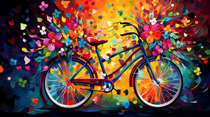bicicleta abstrata colorida com flores nas cores alegres e vibrantes  - obrazy, fototapety, plakaty