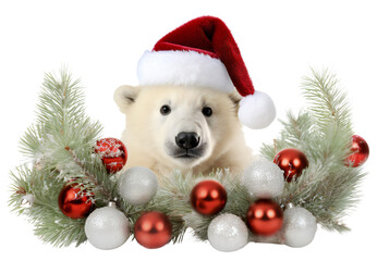 Christmas polar bear wearing a Santa Claus hat, surrounded by Christmas balls and Christmas tree...