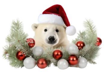Keuken spatwand met foto Christmas polar bear wearing a Santa Claus hat, surrounded by Christmas balls and Christmas tree branches. Isolated on a transparent background. © Honey Bear