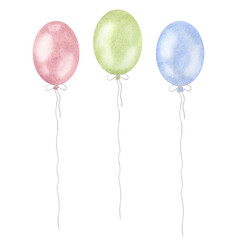 Helium balloons pastel colors blue red green. Hand drawn watercolor illustration isolated background. For surprise birthday baby party, card, invitation