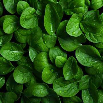 Fondo con detalle y textura de multitud de hojas de espinacas baby con tonos verdes y gotas de frescor