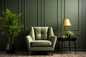 Elegant bright and cozy modern living room interior with a green armchair and decorative elements on an empty dark green wall background, adding depth and sophistication to the design