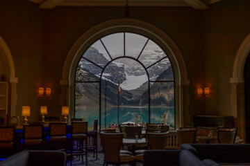 Beautiful Emerald Green Lake Louise View From A Restaurant in Fairmont Chateau Lake Louise