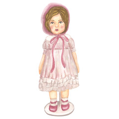 Antique doll in pink dress and hat for a little girl. Hand drawn watercolor illustration isolated background. Design for baby shower party, birthday, greetings card, invitation
