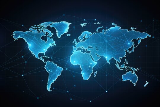Digital World Map Hologram on Blue Background