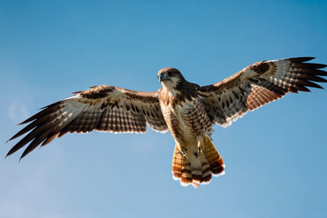 Fototapeta premium A red-tailed hawk soaring through the skies, its piercing eyes scanning for prey.