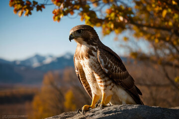 Fototapeta premium A red-tailed hawk soaring through the skies, its piercing eyes scanning for prey.