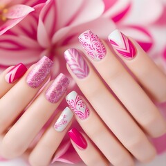 Close view of manicured nails with various pink and white designs.  Pink &  white flower is visible in the background - Generative AI