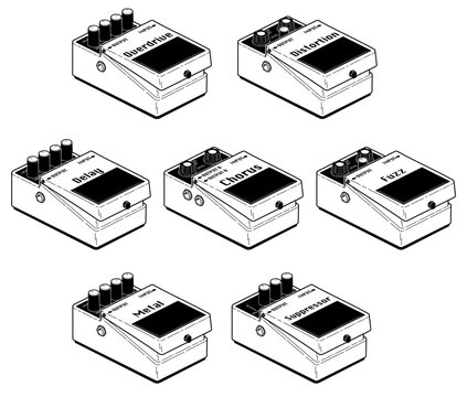 Technical line drawing of a set of guitar effects pedals.