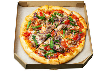 ready baked pizza in a cardboard box, isolated on a white background