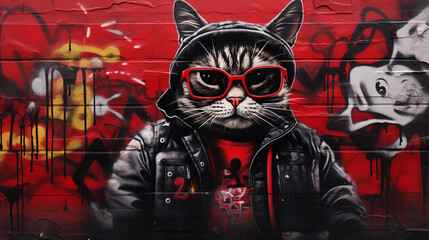 gato rapper estilo arte de rua  - obrazy, fototapety, plakaty