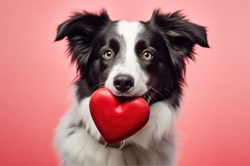 Funny portrait cute puppy dog border collie holding red heart . AI Generated