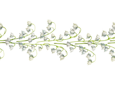 Watercolor seamless border with lily of the valley flowers isolated on white background. Spring hand painted illustration. For designers, wedding, decoration, postcards, wrapping paper, scr