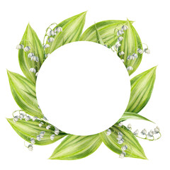 Watercolor frame and logo with bouquets of lilies of the valley flowers isolated on white background. Spring hand painted illustration. For designers, wedding, decoration, postcards, wrappin