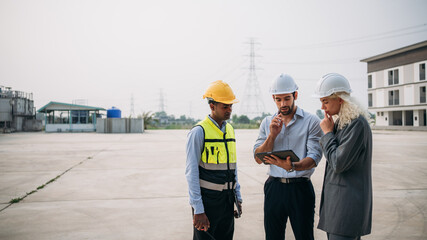 Engineer talks with the team to plan the factory setup. Professionals working planning and talking...
