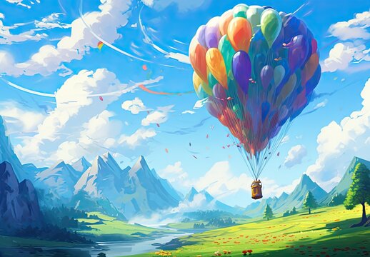 Hot air balloon festival in watercolor style. A lot of balloons flight over river, fild and forest. The concept of motivation and inspiration for an active summer holiday. Design for cover, card.