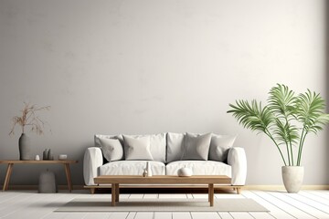 Minimal Scandinavian interior with grey sofa, wooden table, palm leaves, grey wall, and mockup posters. Generative AI