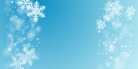 Abstract falling snow flakes backdrop. Snowfall speck freeze elements. Snowfall sky white teal blue background. Scattered snowflakes january vector. Snow nature scenery.