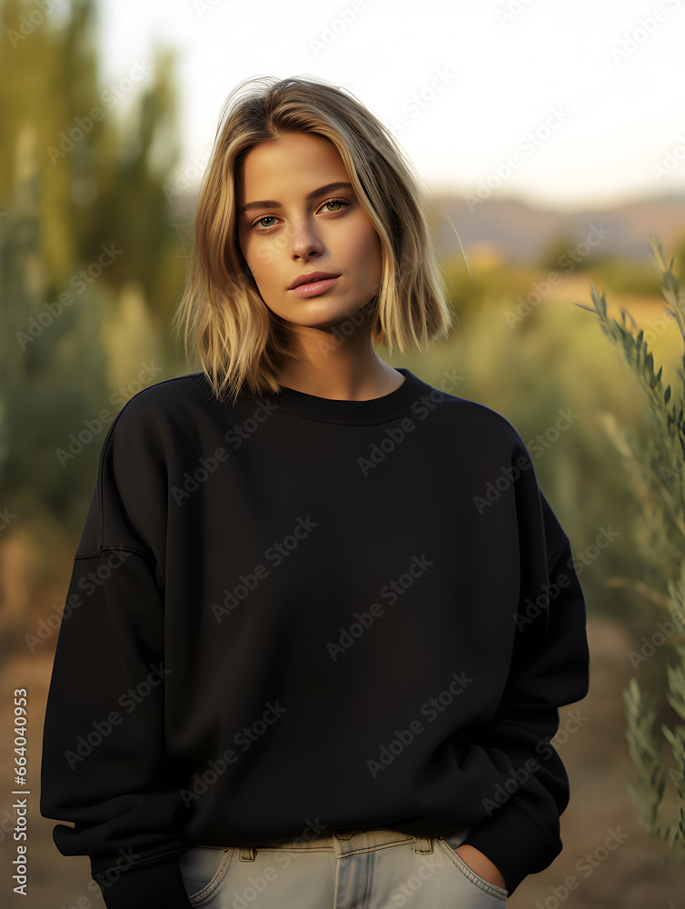 Wall mural Young woman girl in black crewneck sweatshirt mockup 