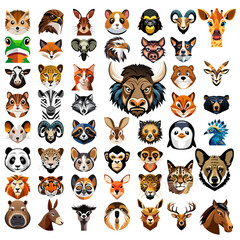 Animal portrait set. Cute animal face icon logotype. Zoo animals head lat logo pack. Animal character collection. Animal colorful portrait symbol. Animals face kids learning cards. Vector illustration