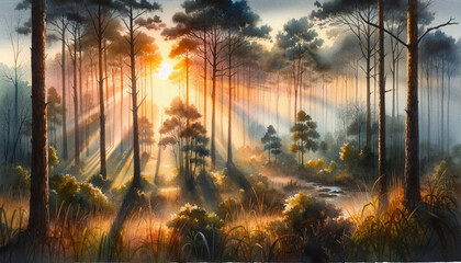  Watercolor painting of a tranquil forest scene at dawn, with the sun's golden rays piercing through the mist and illuminating the trees and underbrush - obrazy, fototapety, plakaty