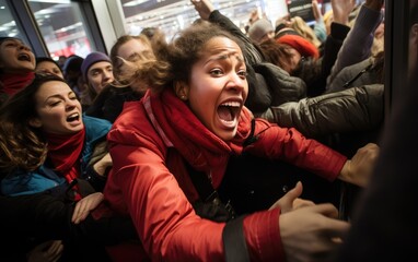 Naklejka premium A crowd of women jostle to grab discounted clothes in a shopping center. Black Friday Sale.