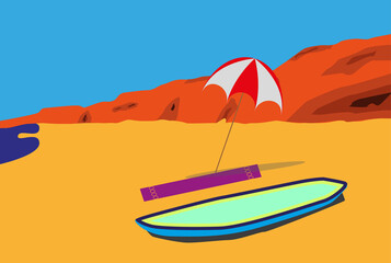 desert coastline beach with a surfboard, beach towel and beach umbrella
