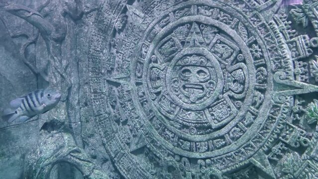 Selective focus. Aztec sun stone (calendar) stands underwater. Blurred Salminus brasiliensis (golden dorado, dourado or jaw characin) fish swims in river water. Focus on background. Adventure theme.
