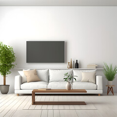 Idea of a white scandinavian living room interior with sofa, dresser, vases on the wooden floor and poster on the large wall and white landscape in window