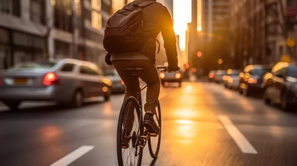 Tuinposter Close up of sporty cyclist in activewear using black bike for morning training outdoors. Caucasian sportsman spending free time for cycling on city street © Hasanka